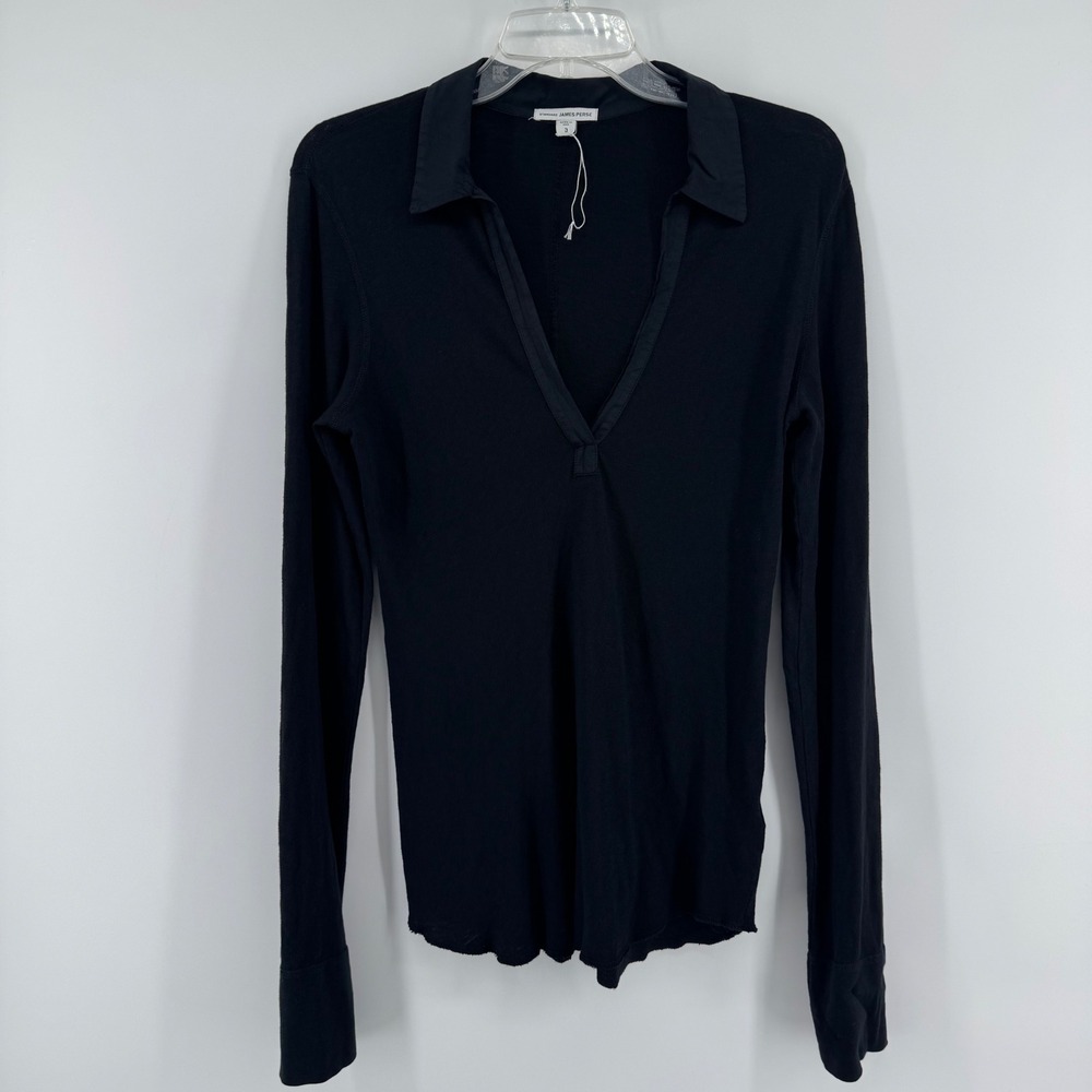 James Perse Long Sleeve Top Womens Large 3 Black V-Neck Cotton Collar Polo NWOT